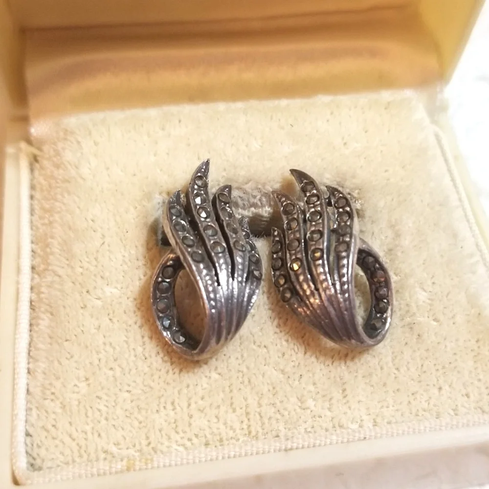 Antique Art Deco Sterling Marcasite Earrings - Picture 1 of 5